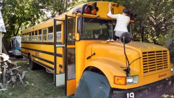 Getting cozy while peeling vinyl.